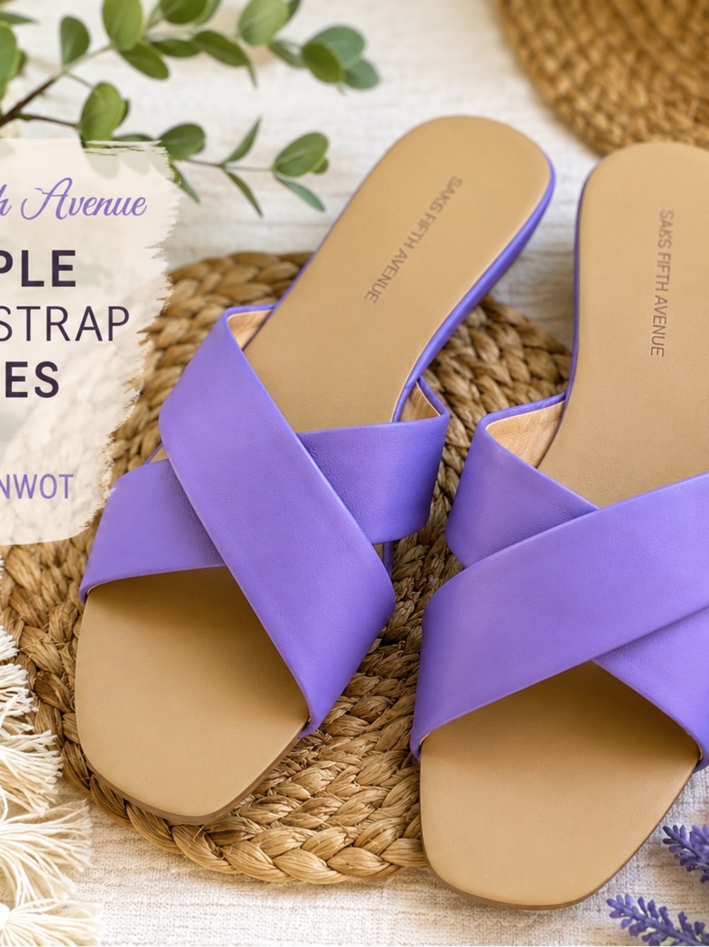 Saks Fifth Avenue Purple Cross Strap Slide Sandals Size 8 NWOT